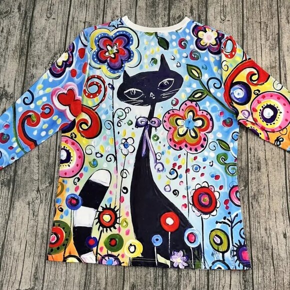 NEW Colorful Flower and Cats Top  Sizes - Picture 2 of 4